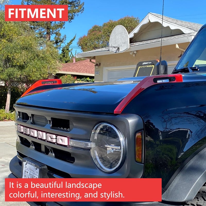 RERPRO Hood Trail Sights Cover Trim for Ford Bronco 2/4 Door 2021 2022 2023 2024 2025 Accessories Engine Hood Hinge Covers Hood Side Release Handle Decoration Stickers Accessory, 1 Pair Red - Image 3